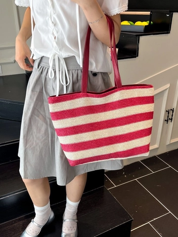 Gestreifte Gewebte Einkaufstasche Stroh Sommer Strandurlaub Große Kapazität Schultertasche Für Frauen