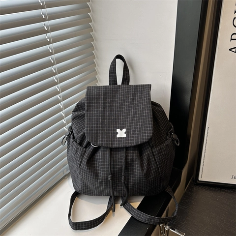 Mochila De Moda Cierre Con Cordón Gran Capacidad Bolsa Escolar Informal Tela Ligera Patrón De Cuadros Minimalista Para Mujer