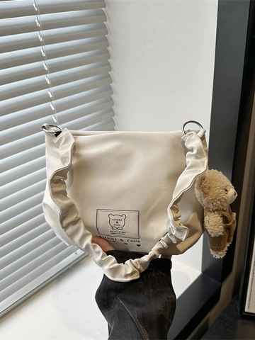 Women PU Leather Shoulder Bag Ruffled Strap Cute Cartoon Bear Print Daily Handbag Korean Style