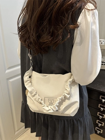 Women PU Leather Shoulder Bag Ruffled Strap Cute Cartoon Bear Print Daily Handbag Korean Style