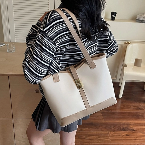 Bolso Tote de Gran Capacidad para Mujer Cuero PU Color de Contraste Bolso de Hombro Con Cierre de Metal Bolso Elegante de Oficina