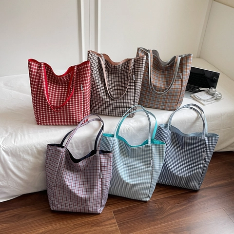 Fashion Plaid Canvas Tote Bag For Women Large Capacity Grid Shoulder Bag Casual Stitched Handbag For Daily Work Travel Bag