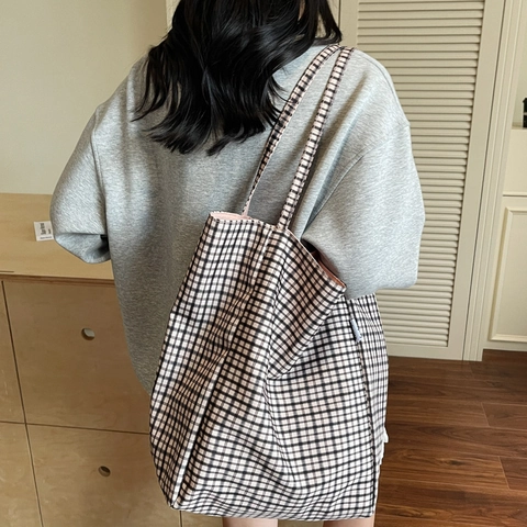 Fashion Plaid Canvas Tote Bag For Women Large Capacity Grid Shoulder Bag Casual Stitched Handbag For Daily Work Travel Bag