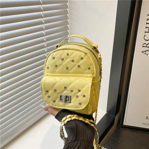 Women Mini Backpack Diamond Quilted PU Leather Crossbody Bag With Rhinestone Rivets Chain Strap Twist Lock Elegant Purse