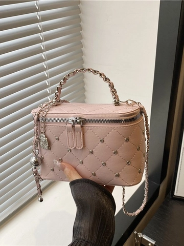 Damen Gesteppte PU-Leder Vanity Tasche Mit Kettengurt Nietendekoration Camellia Anhänger Elegante Crossbody Schultertasche