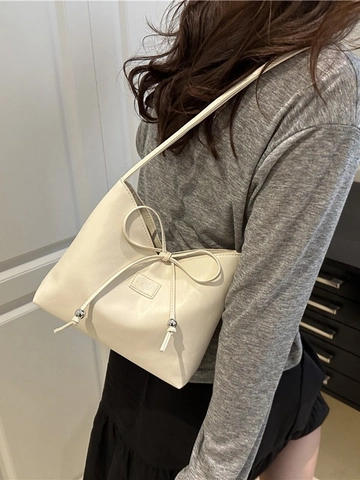 Elegante Bolso de Hombro para Mujer de Cuero PU con Lazo Bolso Bombonera de Axila Versátil Bolso de Mano Tote con Cuentas Metálicas Color Sólido