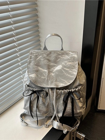 Women's Fashion Pleated Backpack Large Capacity Bowtie Decor PU Leather Flap Drawstring Travel School Shoulder Bag