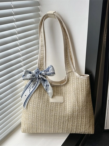 Damen Stroh Strandtasche Mit Schal Sommer Urlaub Handtasche Große Kapazität Schultertasche Stroh PU Leder Casual Shopper