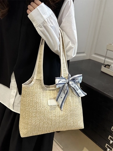 Damen Stroh Strandtasche Mit Schal Sommer Urlaub Handtasche Große Kapazität Schultertasche Stroh PU Leder Casual Shopper