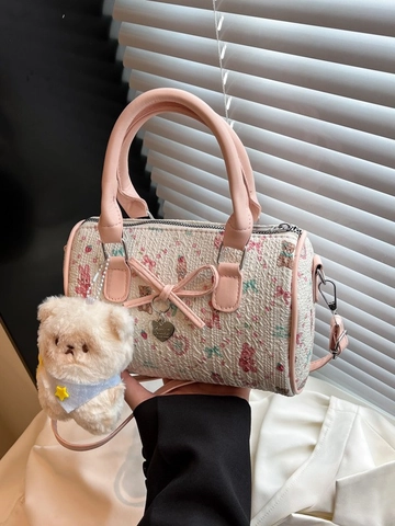 Kawaii Bear Strawberry Print Boston Bag Sweet Bow Heart Pendant Top Handle Bag Crossbody Shoulder Bag With Plush Charm