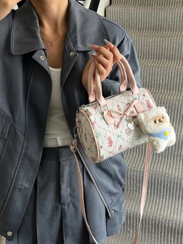 Kawaii Bear Strawberry Print Boston Bag Sweet Bow Heart Pendant Top Handle Bag Crossbody Shoulder Bag With Plush Charm