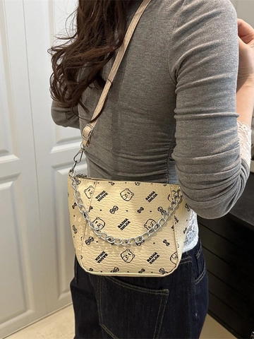 Women Fashion PU Leather Shoulder Bag Casual Bear Letter Print Crossbody Bucket Bag With Metal Chain Zipper Daily Phone Pouch
