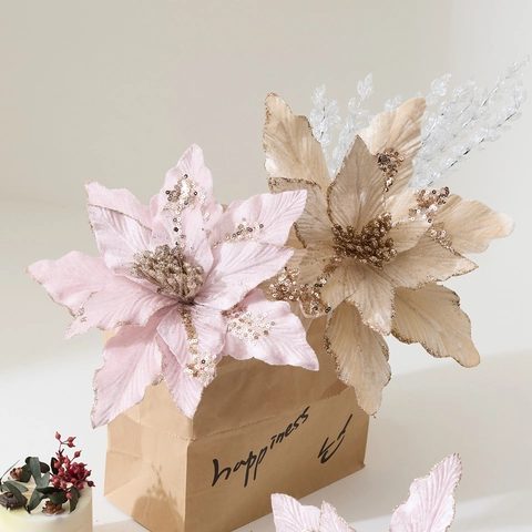 Artificial Christmas Poinsettia Flowers Velvet Fabric Glitters Xmas Tree Decorations Holiday Home Party Ornaments Luxury