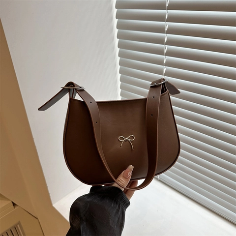 Women Elegant Shoulder Bag PU Leather Minimalist Half Moon Underarm Purse With Bow Knot Metal Detail