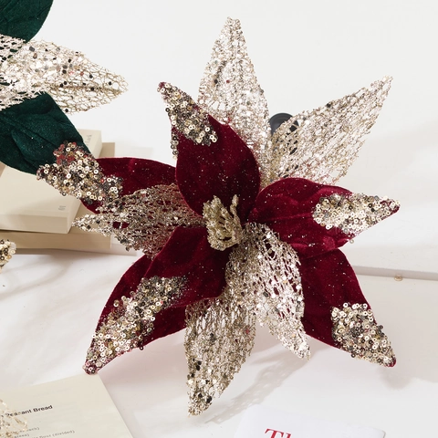 Artificial Poinsettia Flowers Christmas Tree Ornaments Velvet Sequin Mesh Large Festive DIY Stem Decorations Home Decor