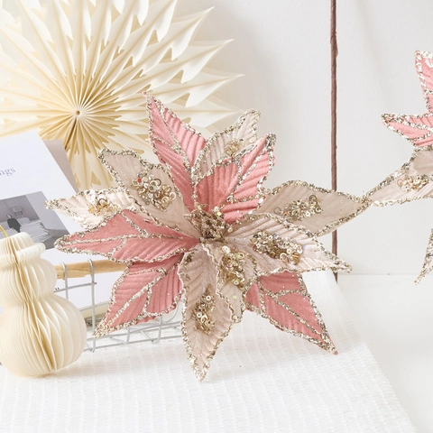 Artificial Christmas Poinsettia Flower Pink Beige Glitter Sequins Handmade Decorative Christmas Tree Ornament For Home
