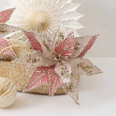 Artificial Christmas Poinsettia Flower Pink Beige Glitter Sequins Handmade Decorative Christmas Tree Ornament For Home