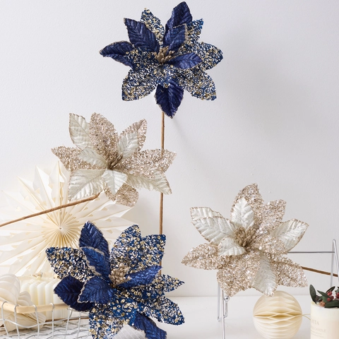 Künstliche Weihnachtsblume Poinsettia Glitzer Pailletten Netz Stoff Langer Stiel Deko Blumen Für Vase Hochzeit Haus Feiertag