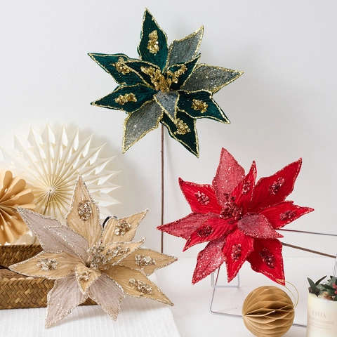 Artificial Christmas Poinsettia Flower Glitter Sequins Velvet Handmade Festive Tree Ornament Holiday Party Decor