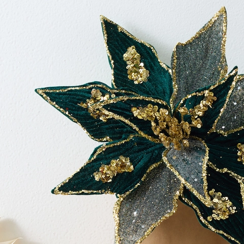 Artificial Christmas Poinsettia Flower Glitter Sequins Velvet Handmade Festive Tree Ornament Holiday Party Decor