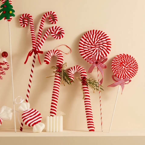 Christmas Velvet Candy Cane Ornaments Red White Striped Lollipop Hanging Decorations For Holiday Tree Party Home Decor