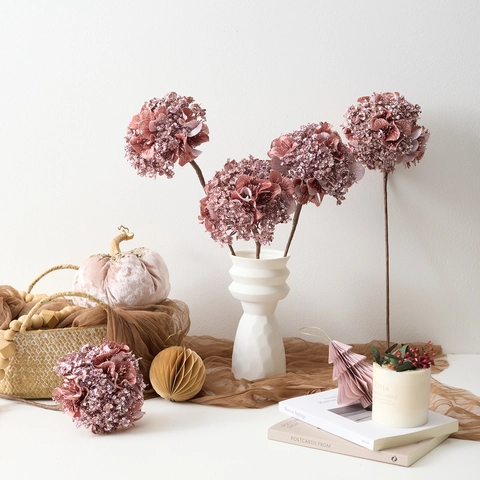 Rosa Künstliche Hortensie Blume Zweig Mit Pailletten Glitzer Satin Blütenblätter Eisendraht Für Heim Hochzeit Party Dekor