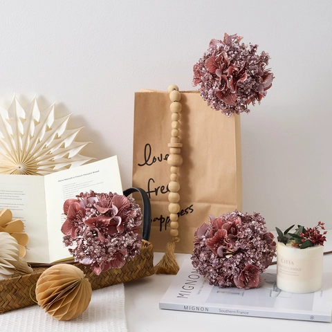 Rosa Künstliche Hortensie Blume Zweig Mit Pailletten Glitzer Satin Blütenblätter Eisendraht Für Heim Hochzeit Party Dekor