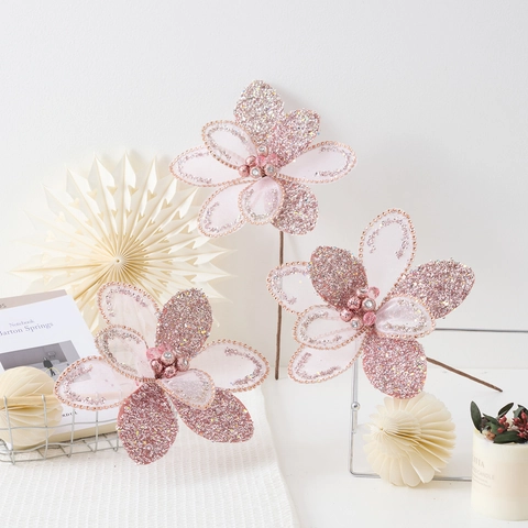 Pink Artificial Christmas Flower Ornament Mesh Fabric Glitter Sequins Artificial Pearls For Holiday Tree Decor Party Scene Layout