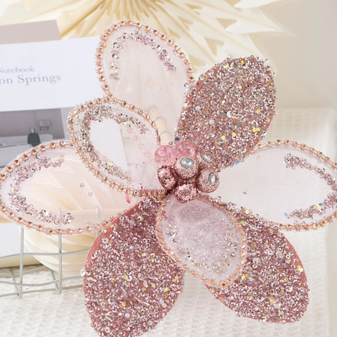 Pink Artificial Christmas Flower Ornament Mesh Fabric Glitter Sequins Artificial Pearls For Holiday Tree Decor Party Scene Layout