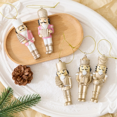 Resin Nutcracker Soldier Christmas Hanging Ornaments Pink Champagne Gold Glitter Soldier Figure Xmas Tree Decorations For Party Home
