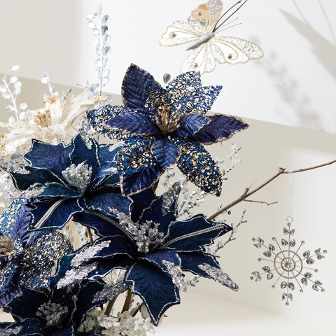 Artificial Christmas Poinsettia Flowers Dark Blue Fabric Glitter Sequins With Butterfly For Xmas Tree Party Home Decor