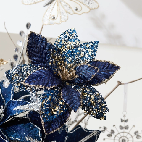 Artificial Christmas Poinsettia Flowers Dark Blue Fabric Glitter Sequins With Butterfly For Xmas Tree Party Home Decor
