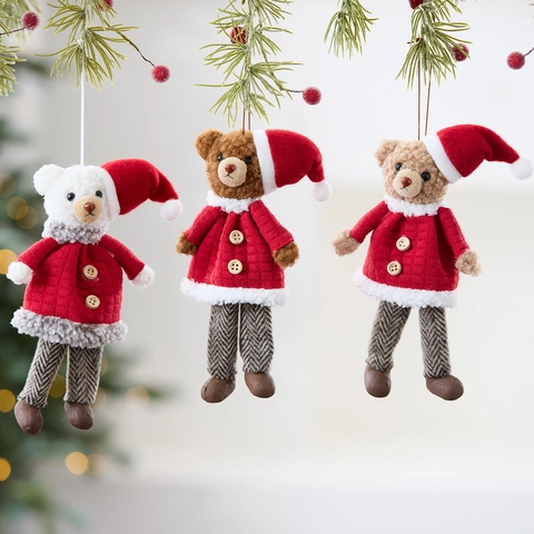 Süßer WeihnachtsBär Plüsch Aufhänger Rote Jacke Weihnachtsmütze Holzknopf Festliche Baumschmuck Party Geschenk Für Zuhause