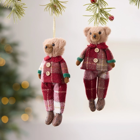 Weihnachtsbaum Anhänger Plüsch Teddybär Puppe Karo Strickstoff Festliche Feiertagsdekoration Süßer Cartoon Stil