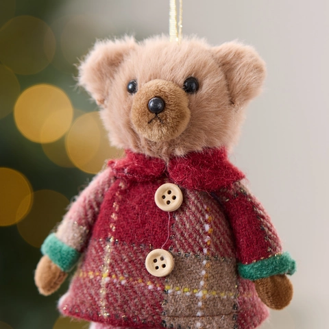 Weihnachtsbaum Anhänger Plüsch Teddybär Puppe Karo Strickstoff Festliche Feiertagsdekoration Süßer Cartoon Stil