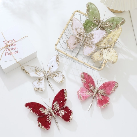 Adornos Para Árbol De Navidad De Mariposa Artificial Con Perlas Artificiales De Purpurina Y Clip De Metal Tela Terciopelo Decoración