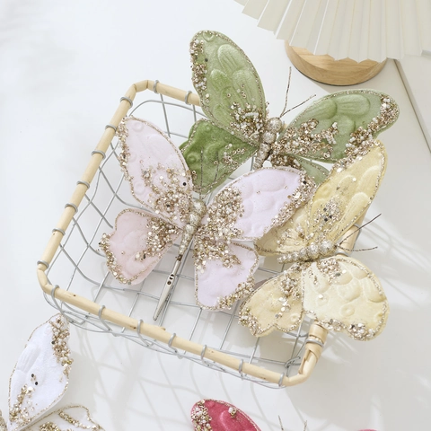 Adornos Para Árbol De Navidad De Mariposa Artificial Con Perlas Artificiales De Purpurina Y Clip De Metal Tela Terciopelo Decoración