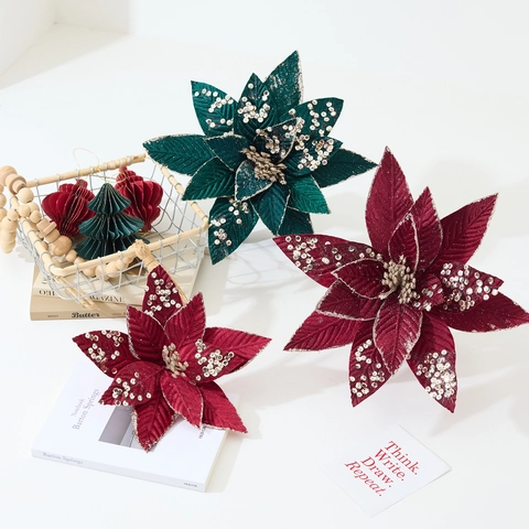Künstliche Weihnachtssterne Samtstoff Funkelnd Pailletten Glitzer Festliche Baumschmuck Party Home Dekoration