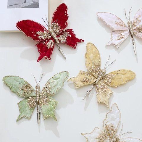 Butterfly Christmas Decorations Fabric Velvet Sparkly Ornaments With Metal Clips For Wedding Party Holiday Tree Decor