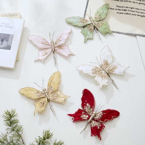 Butterfly Christmas Decorations Fabric Velvet Sparkly Ornaments With Metal Clips For Wedding Party Holiday Tree Decor