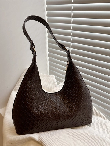 Small Women Woven PU Leather Underarm Bag French Retro Half Moon Hobo Shoulder Purse Minimalist Solid Color Daily Handbag