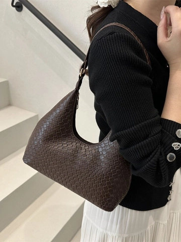 Small Women Woven PU Leather Underarm Bag French Retro Half Moon Hobo Shoulder Purse Minimalist Solid Color Daily Handbag