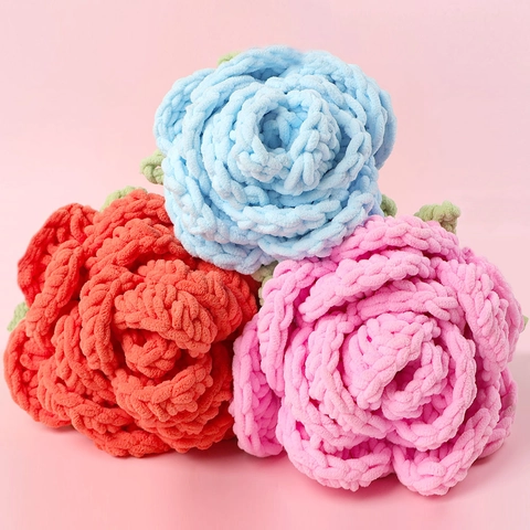 Handmade Knitted Rose Bouquet Crochet Chenille Yarn Artificial Flower Gift For Mother's Day Teacher's Day Home Wedding Decor