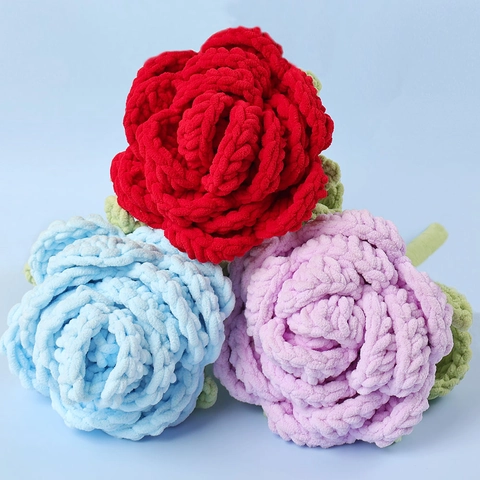 Handmade Knitted Rose Bouquet Crochet Chenille Yarn Artificial Flower Gift For Mother's Day Teacher's Day Home Wedding Decor