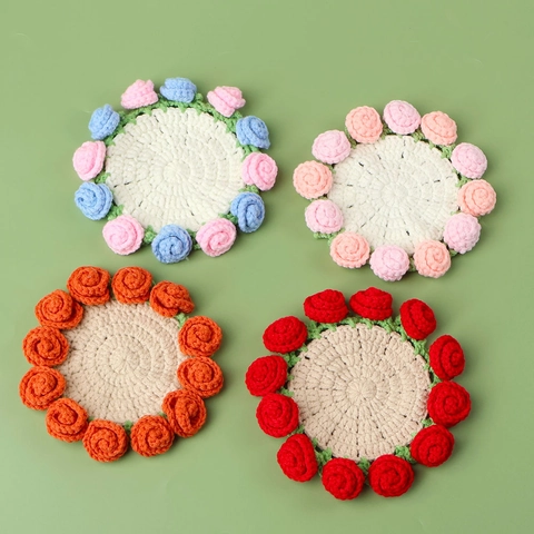 Sottobicchieri Rose Uncinetto Fatti A Mano Sottocoppa Floreale Maglia Decorazione Tavolo Resistente Calore