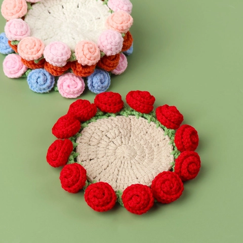 Handmade Crochet Rose Coaster Knitted Floral Cup Mat Heat Resistant Table Decor Vintage Pastoral Style