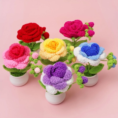 Rosa En Maceta De Ganchillo Hecha A Mano Flor De Lana Tejida Adorno De Escritorio Decoración De Hogar Oficina Regalo Valentín
