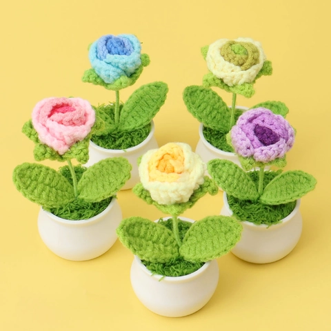 Handgemachte Häkelrose Im Topf Garnblumen Mini Desktop Ornament Auto Haus Deko Geschenk Gradient Blasenrose