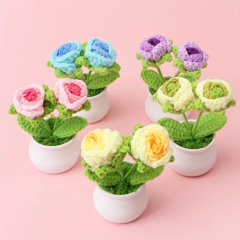 Mini Planta De Rosas En Maceta Tejida A Mano Flor De Lana Adorno De Escritorio Decoración Para Oficina Hogar Floral