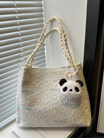 Große Canvas Tote Bag Für Damen Besticktes Farbiges Wellenmuster Geprägter Stoff Geflochtener Griff Panda Anhänger